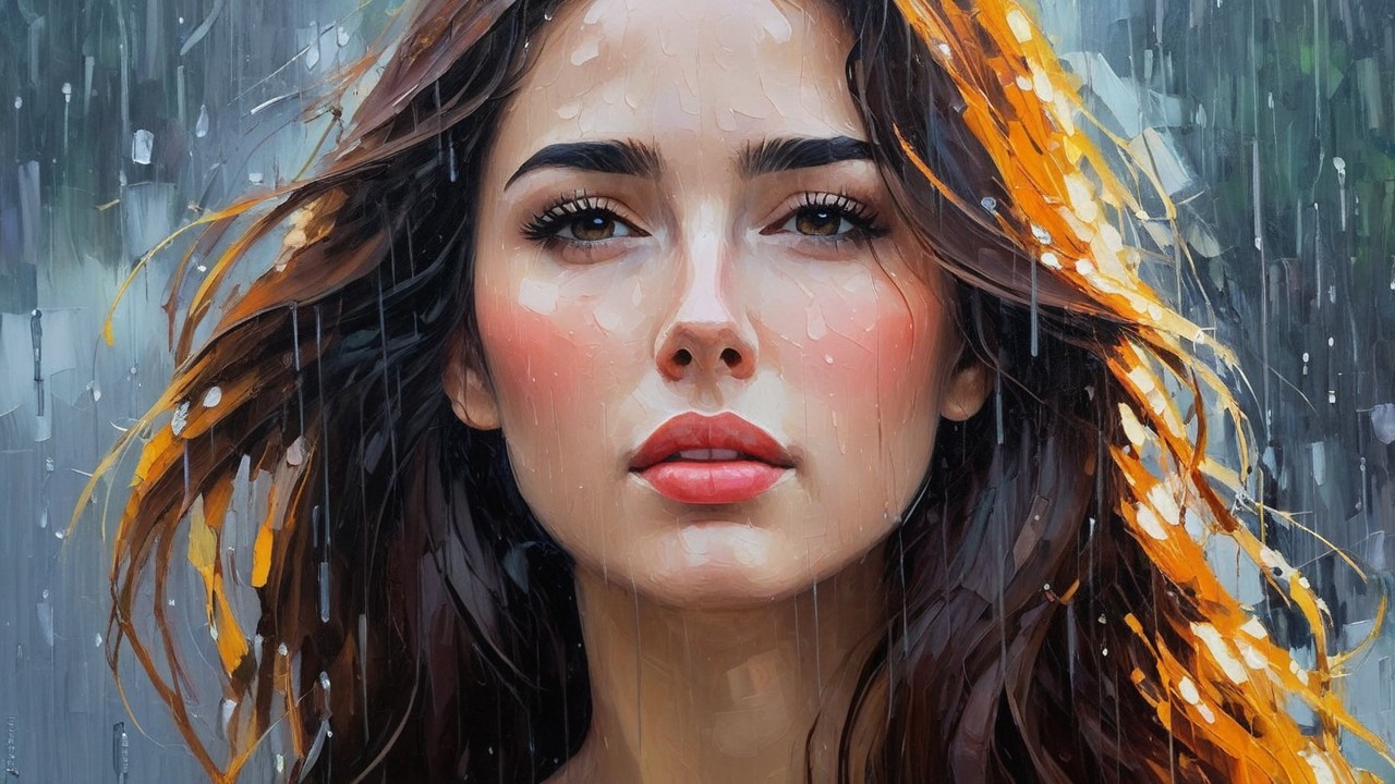 Close-up portrait of a young woman in rain.