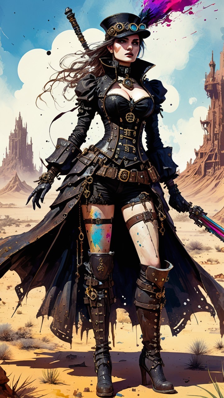 Steampunk Woman in Black Outfit in Barren Landscape