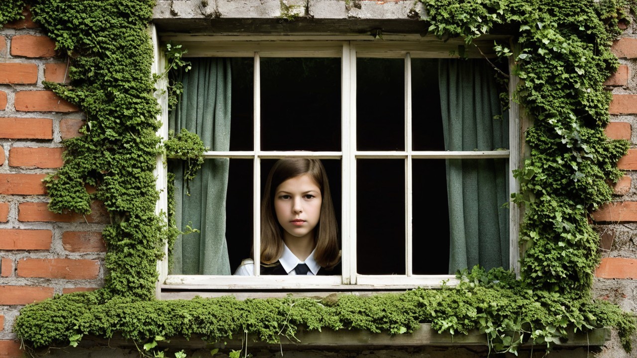 Young girl gazing from a rustic window with vines