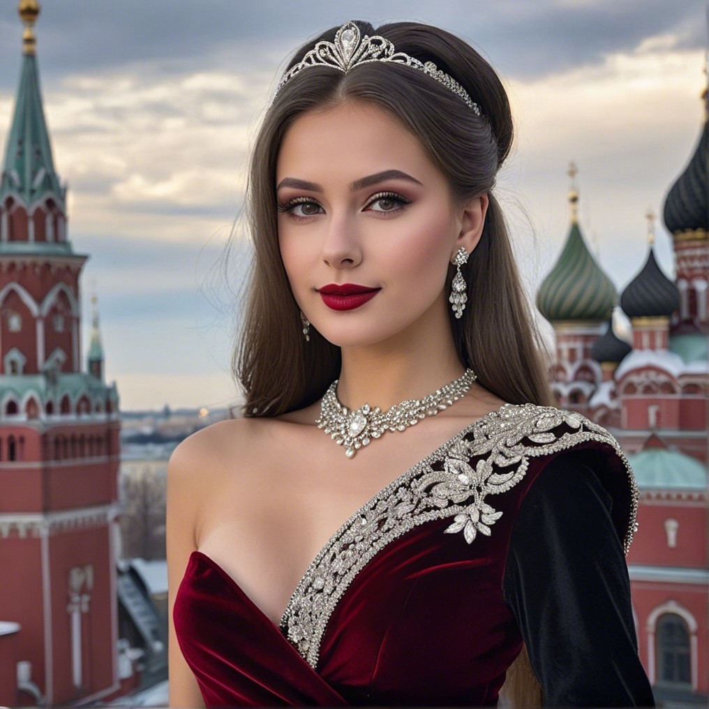 Glamorous Woman in Red Velvet Gown with Elegant Backdrop