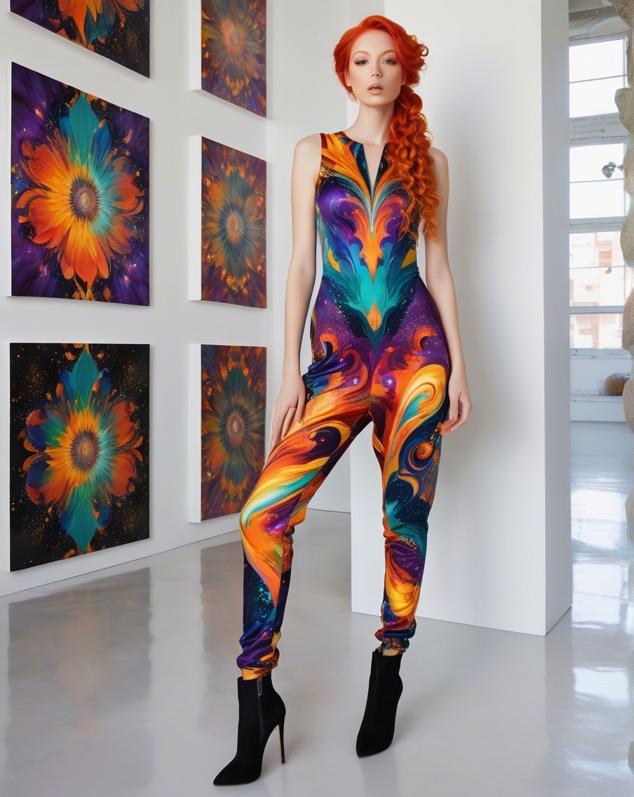 Vibrant Jumpsuit and Colorful Floral Artwork Display