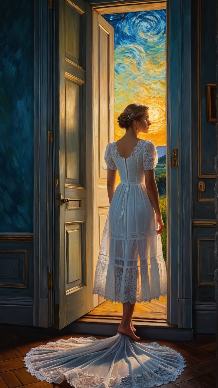 Young Woman in White Dress at Open Doorway with Sky