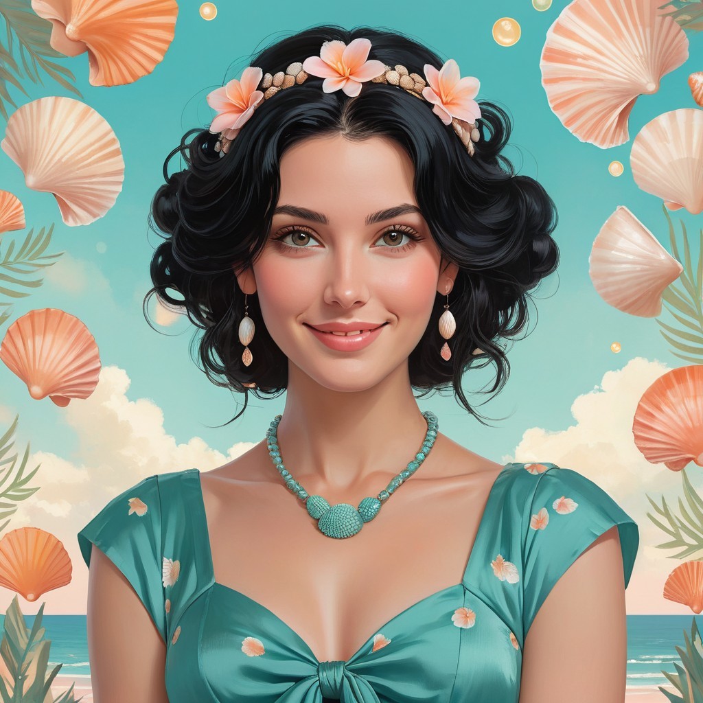 Young woman in floral dress by serene beach scene