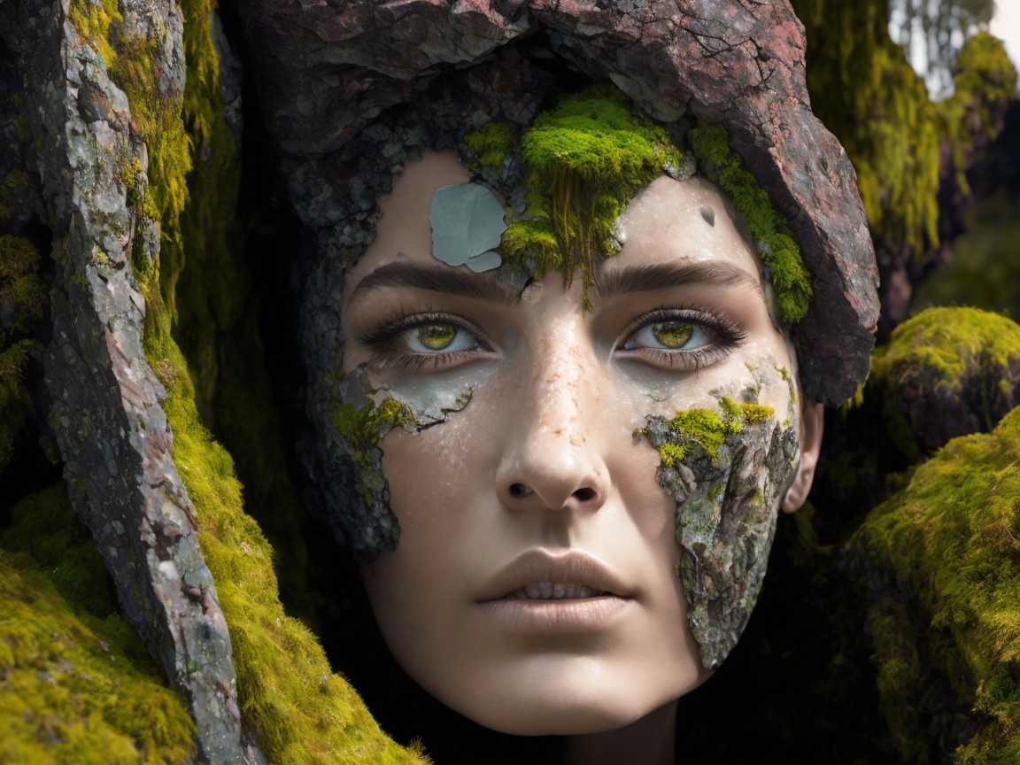 Moss-Covered Stone Face Blending Nature and Humanity