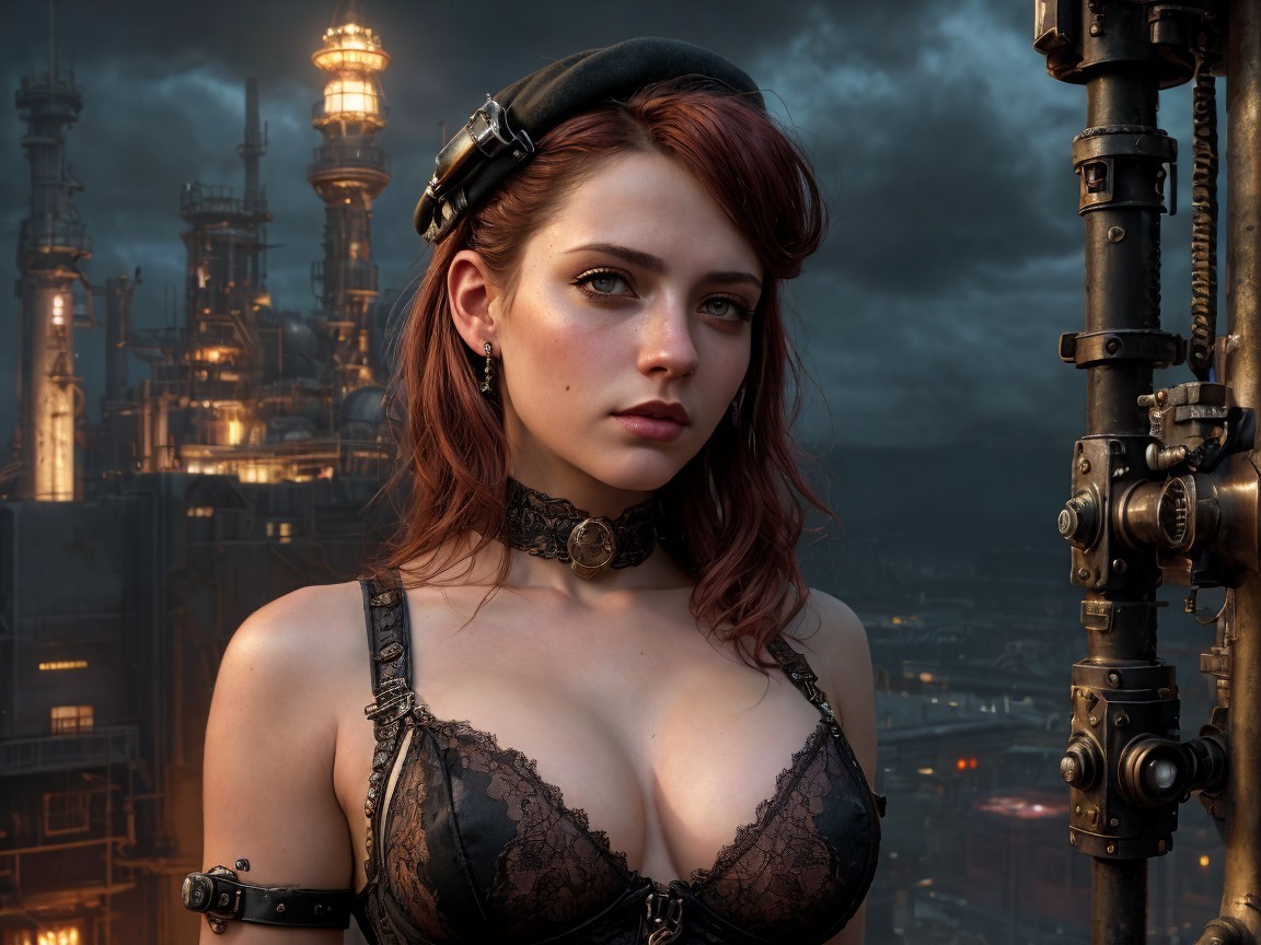 Young Woman in Gothic Style Against Industrial Backdrop