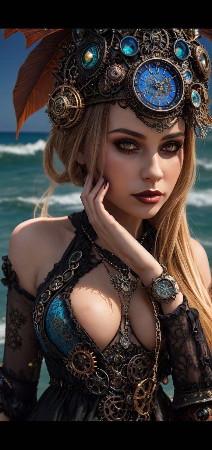 Steampunk Fashion with Clockwork Elements by Ocean Waves