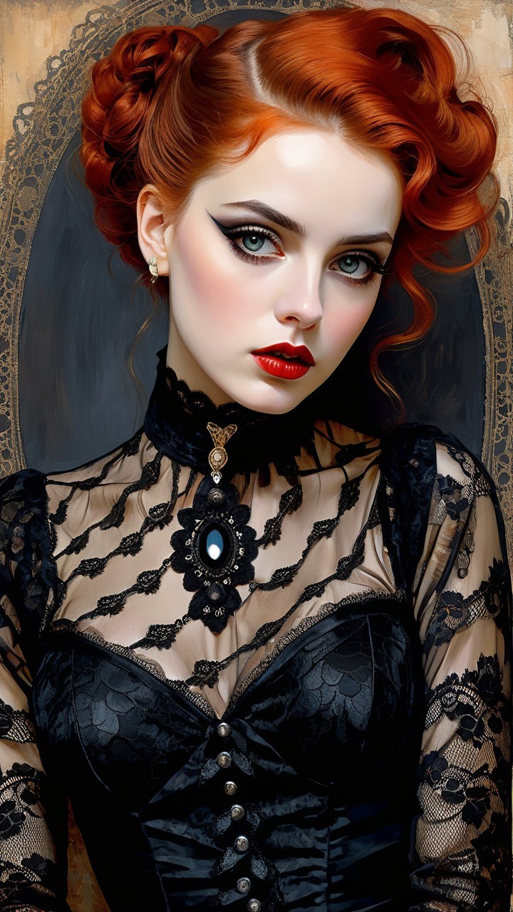 Young woman in black lace dress with red curls