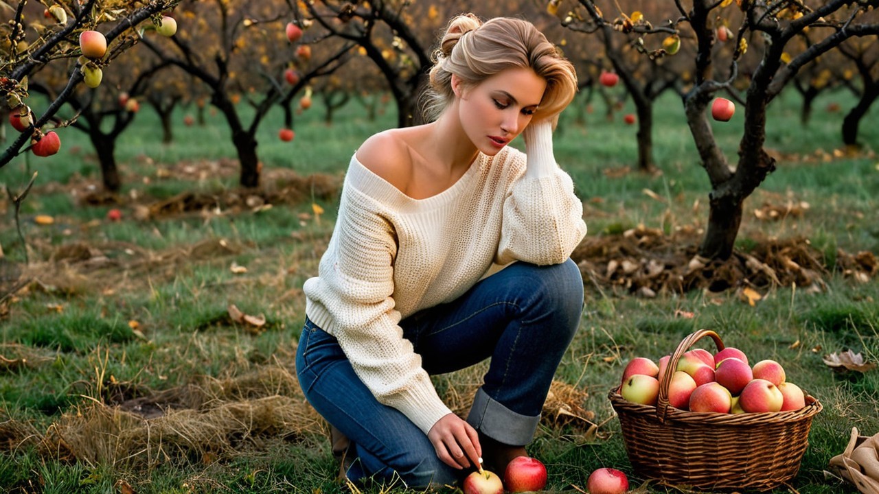 Woman in apple orchard inspecting fallen fruit