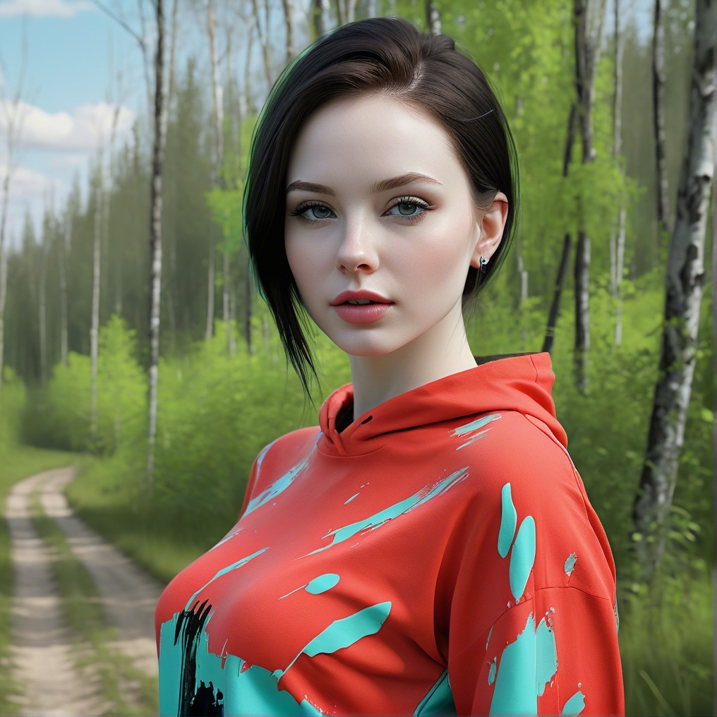 Young woman in red hoodie on forest path