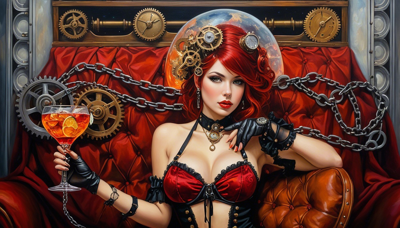 Steampunk Woman with Red Hair in Elegant Setting