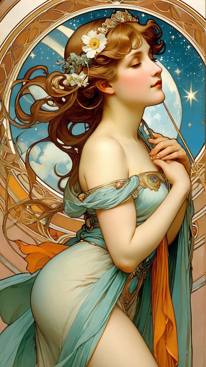 Graceful Woman in Light Blue Gown Against Celestial Scene