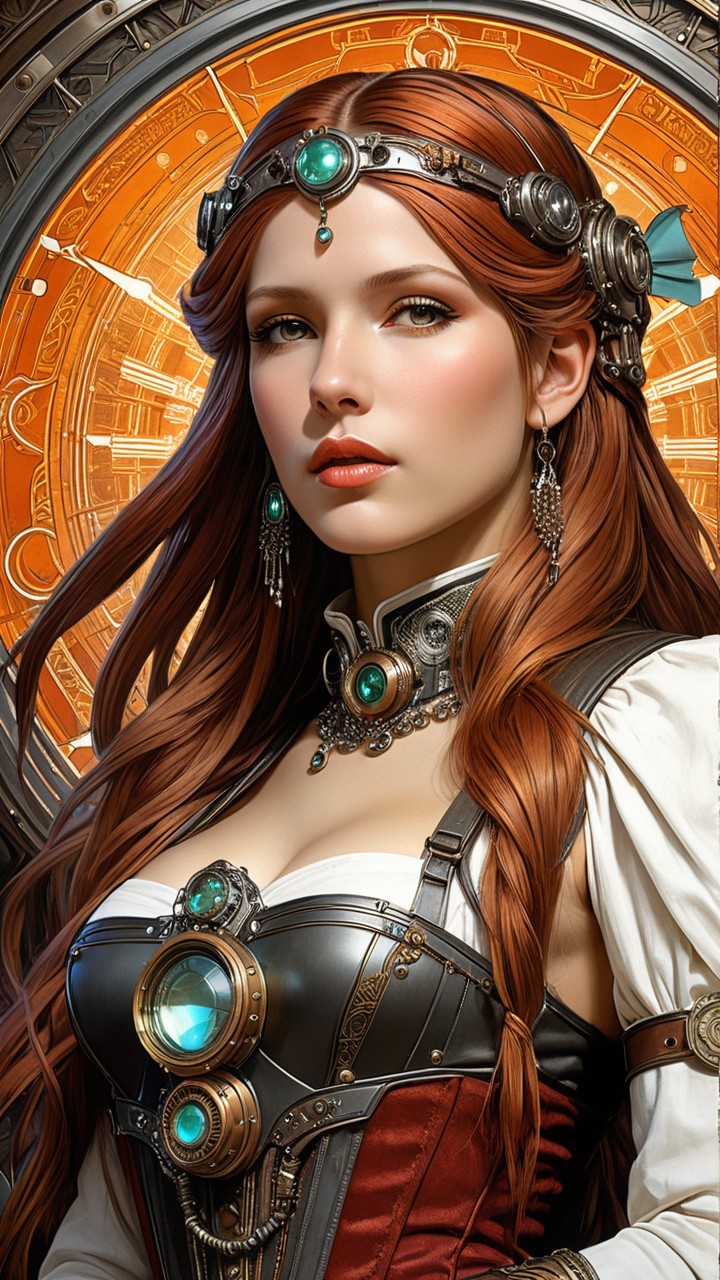 Steampunk Woman with Red Hair and Metallic Details