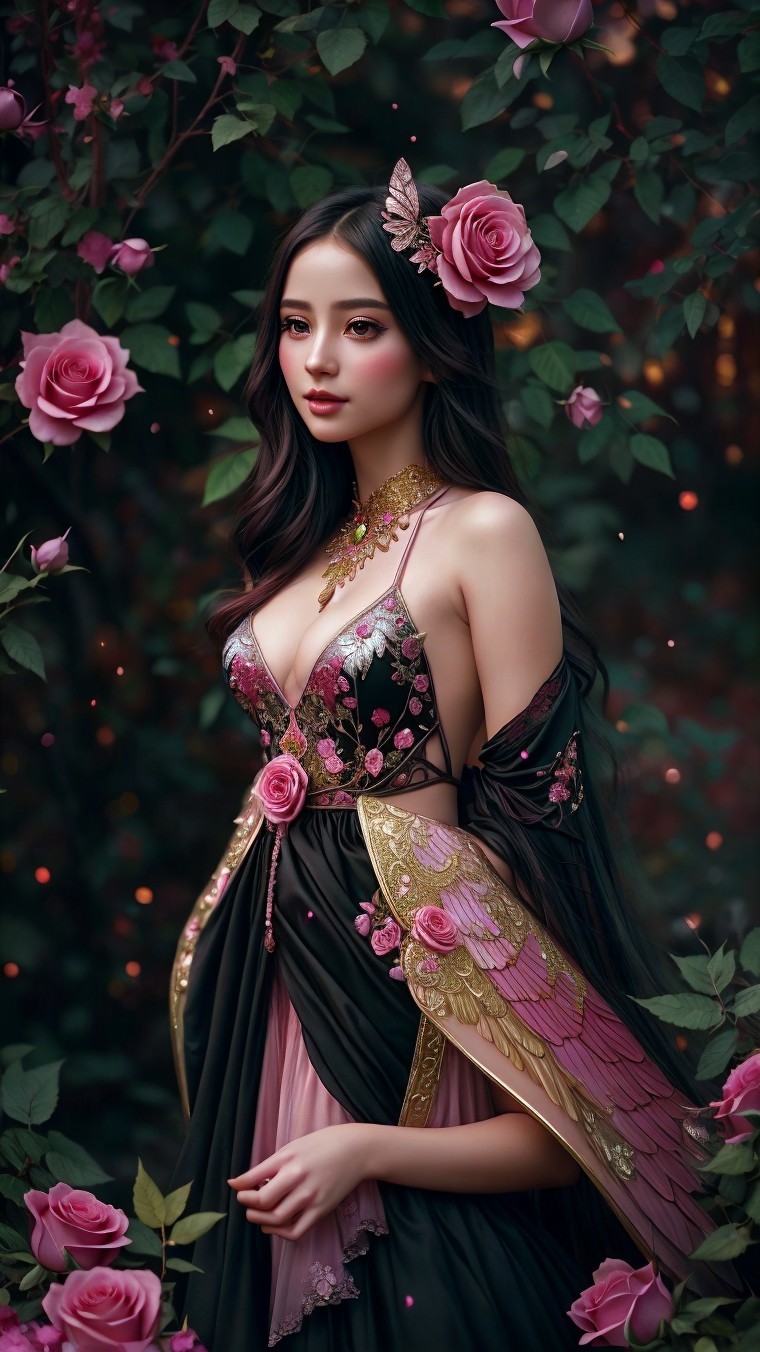 Young woman in elegant gown among lush roses