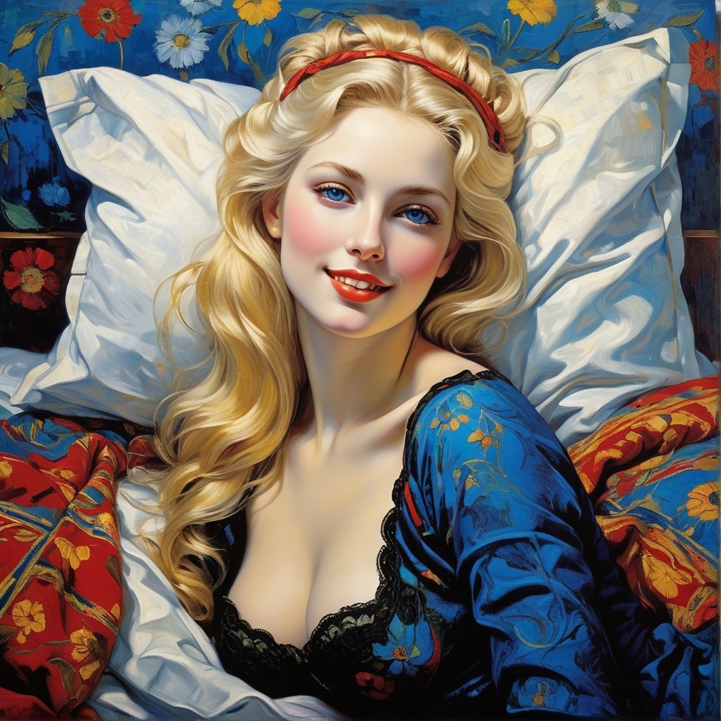 Young Woman in Blue Dress Surrounded by Flowers