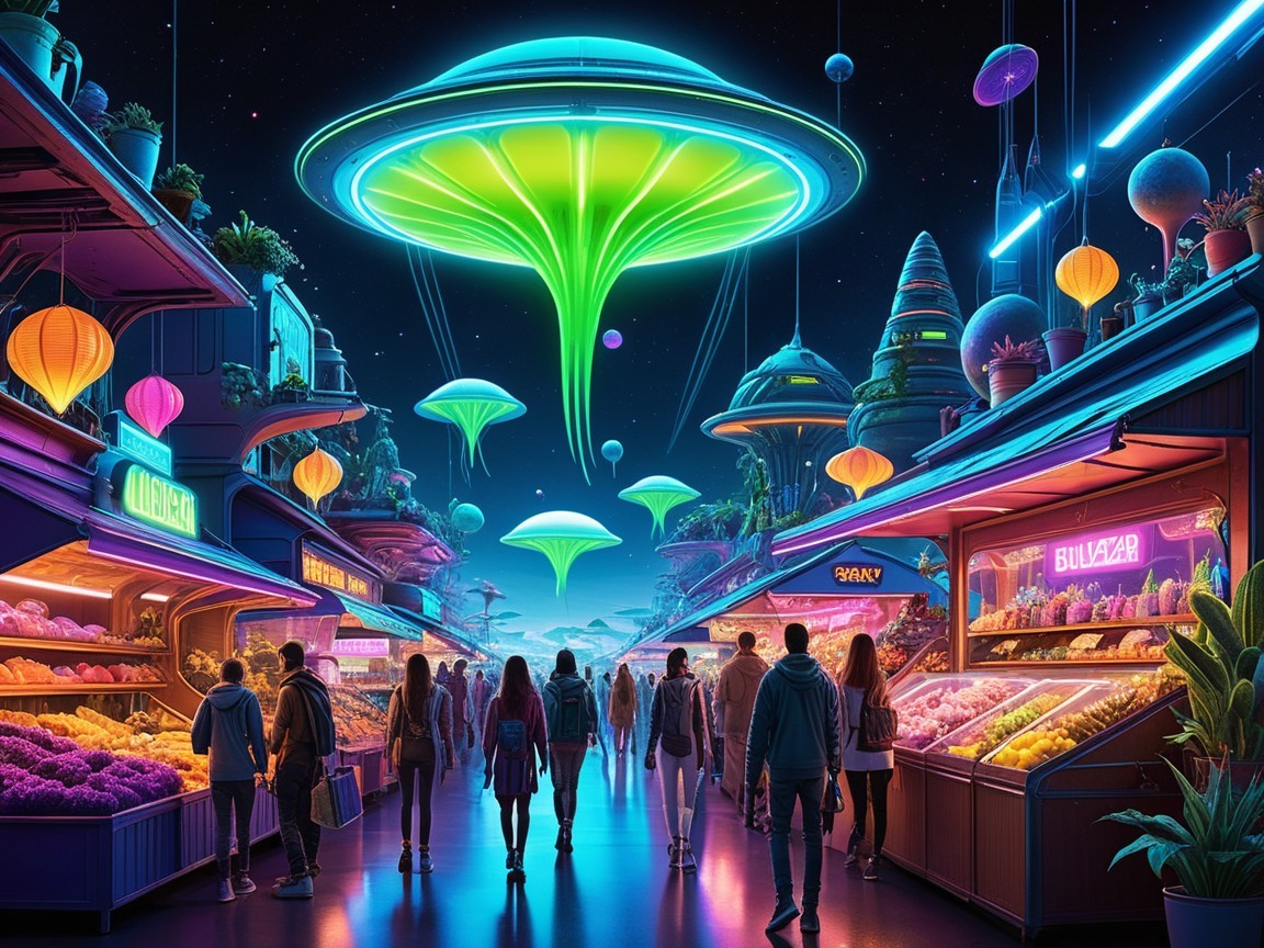 Futuristic market scene with glowing spacecraft and stalls