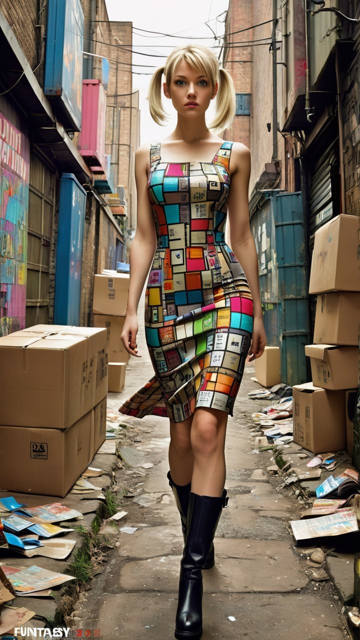 Model in Colorful Dress Walks Through Urban Alley