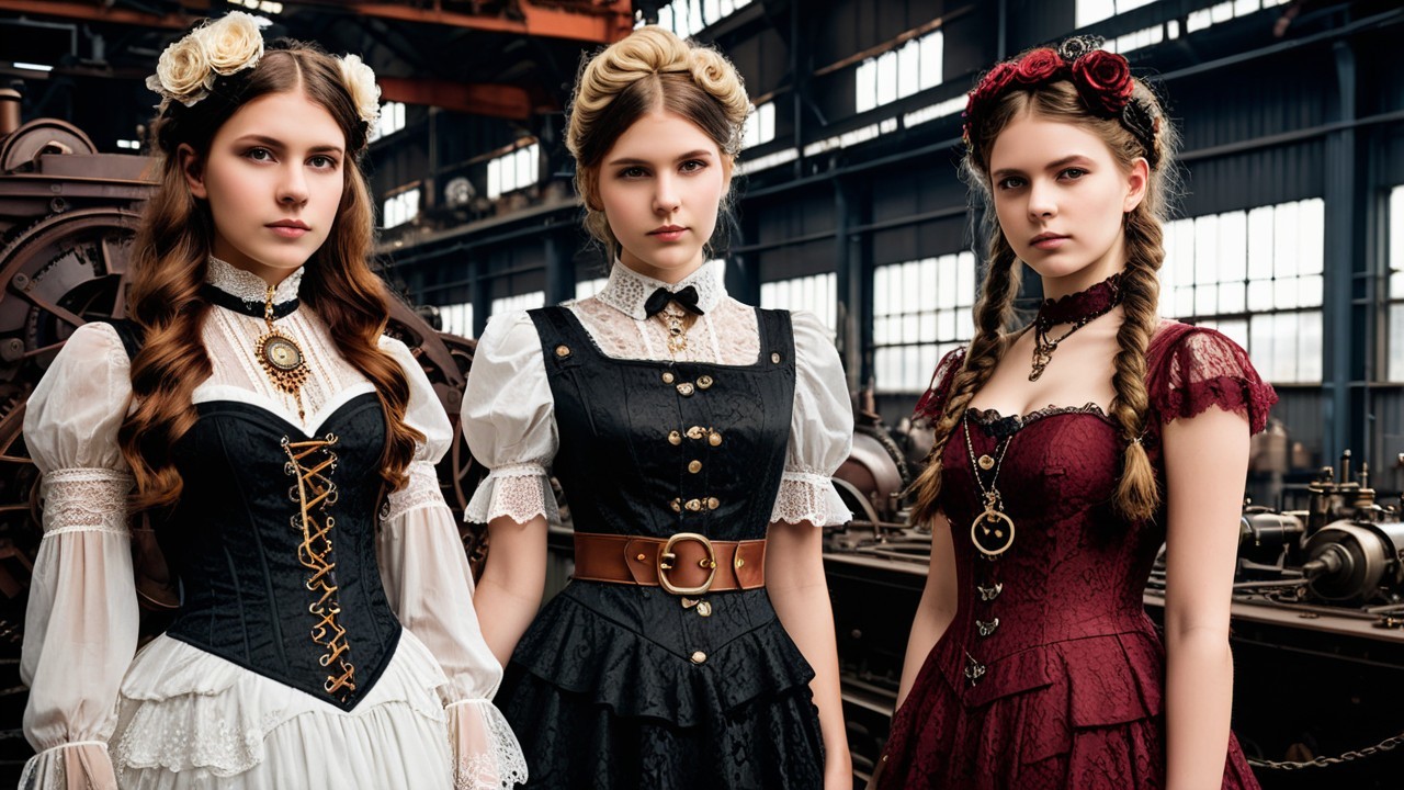 Young women in gothic Victorian dresses in industrial setting