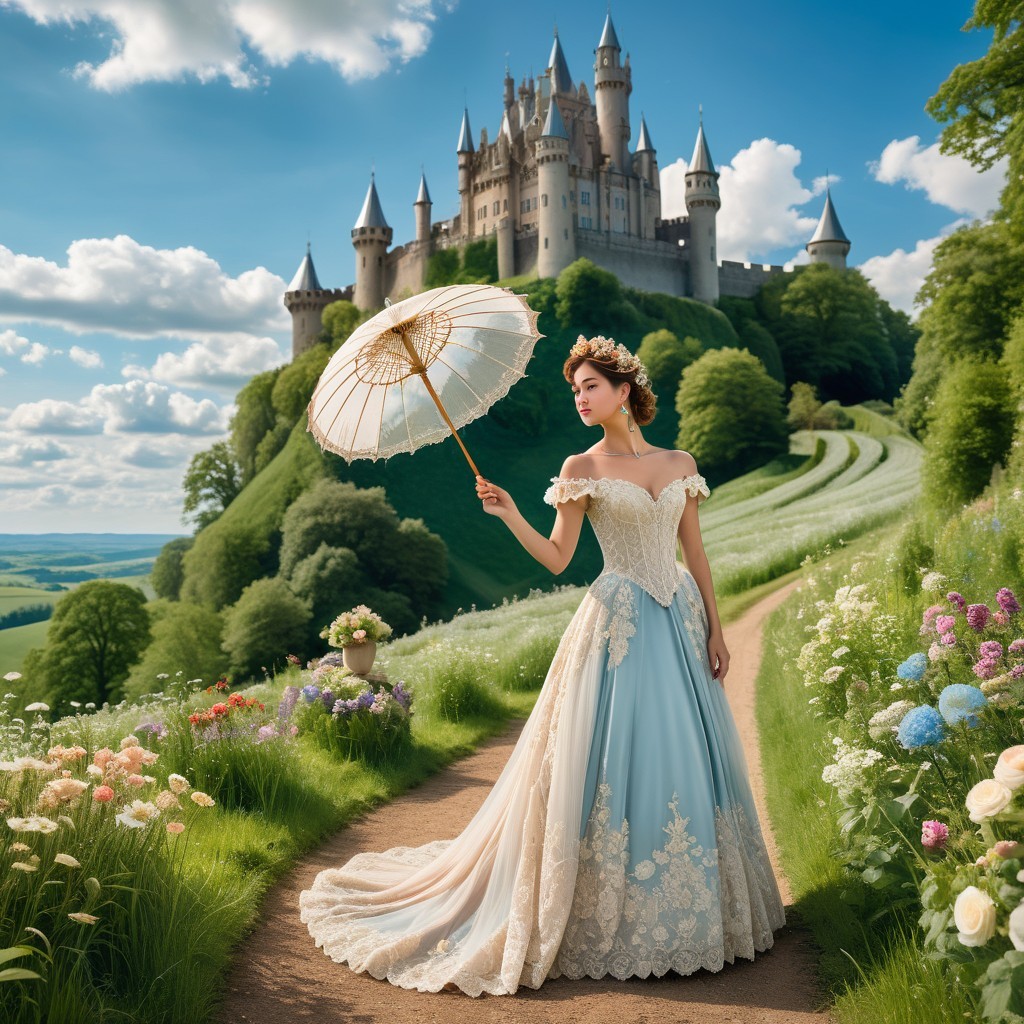 Young woman in gown with parasol by vibrant flowers