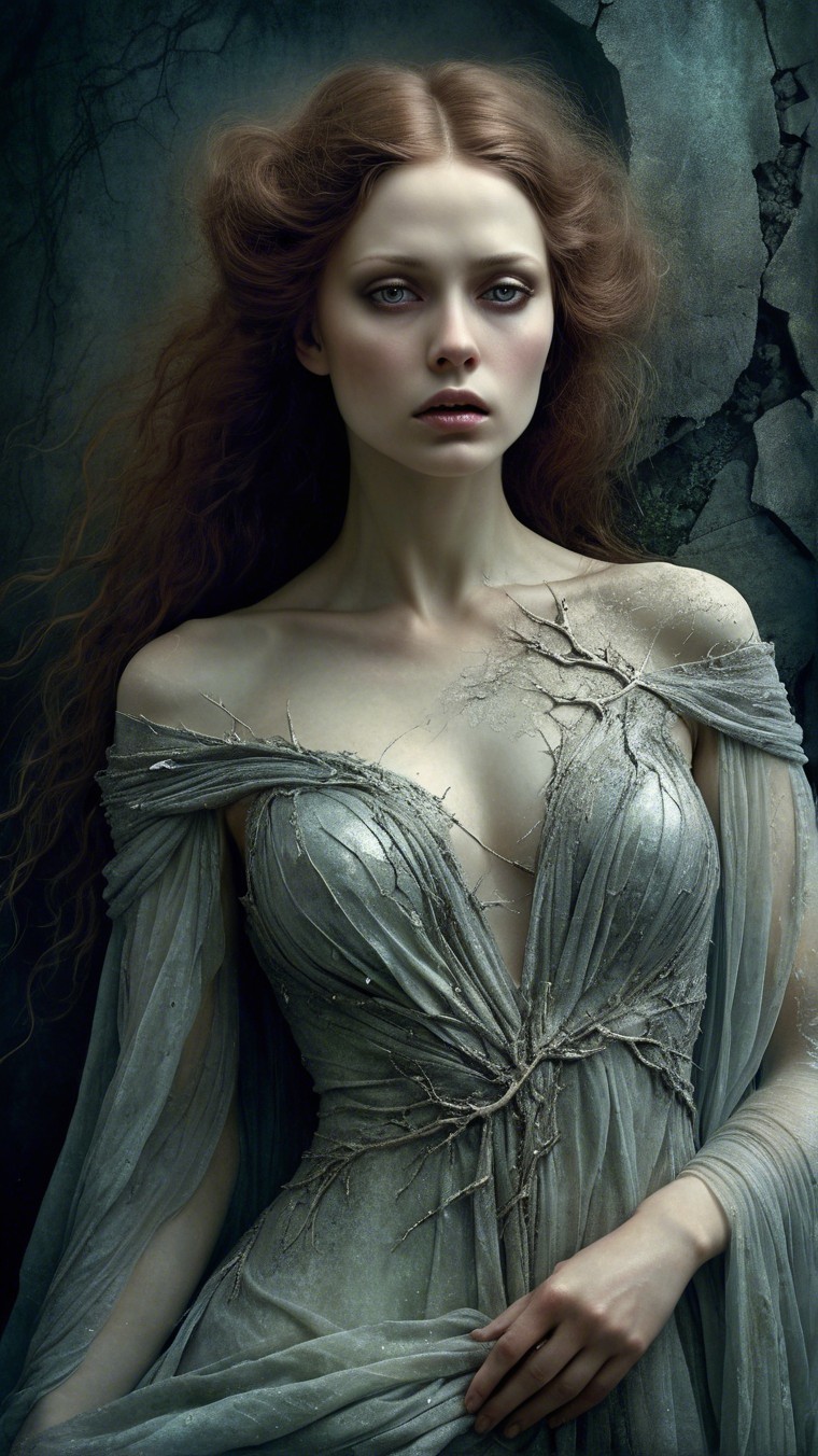 Ethereal Figure in Tattered Silver Gown in Mystical Setting
