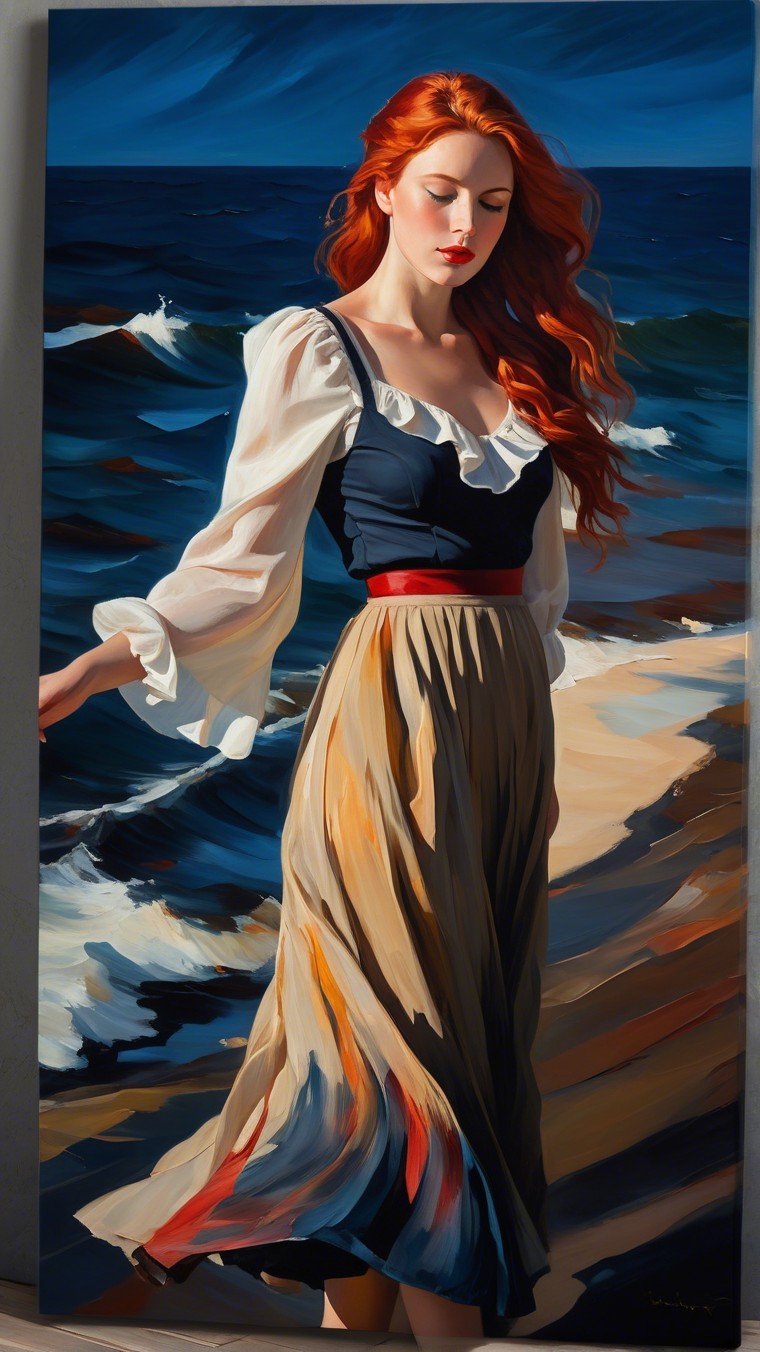 Young woman in flowing dress on serene beach