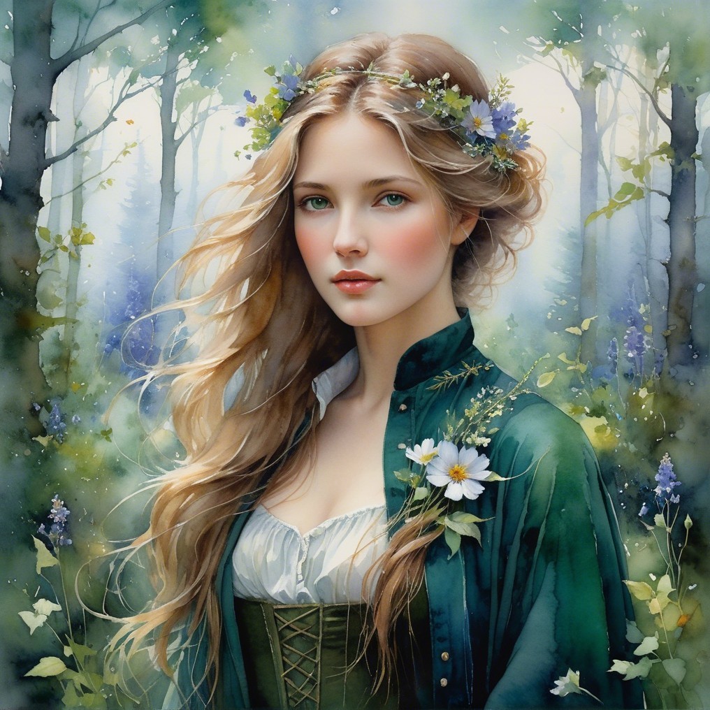 Serene Woman in Lush Forest with Flowers and Light