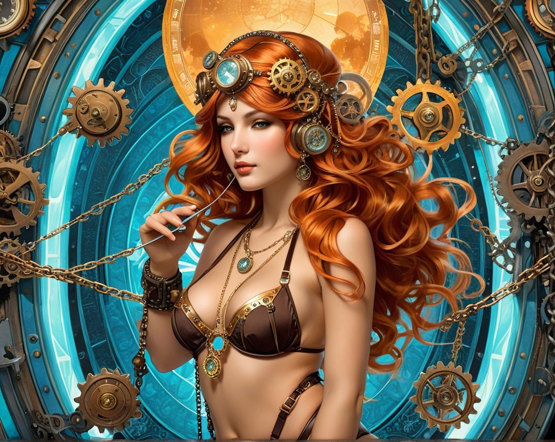 Female figure with red hair in steampunk setting