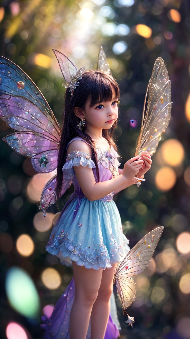 Whimsical Scene of Girl with Butterfly Wings in Forest
