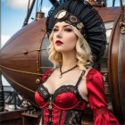 Elegant Young Woman in Red and Black Lace Outfit