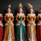 Stylized female figures in vibrant outfits and paper hats