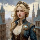 Young woman in grand library with cosmic backdrop