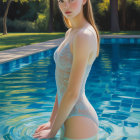 Young woman in shimmering gown by moonlit water
