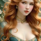 Elegant Woman in Green Velvet Dress with Red Hair