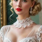 Elegant Young Woman in Lace Gown Against Ornate Backdrop