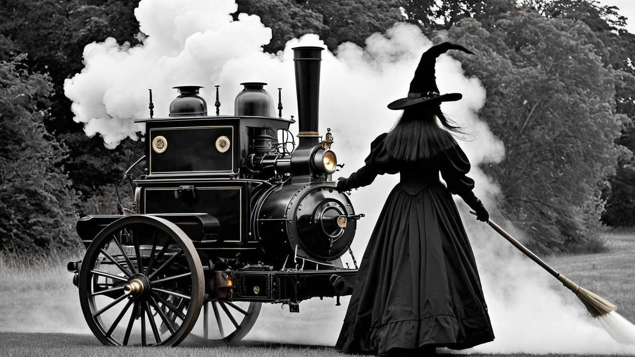 Mysterious Figure by Vintage Steam Train in Landscape
