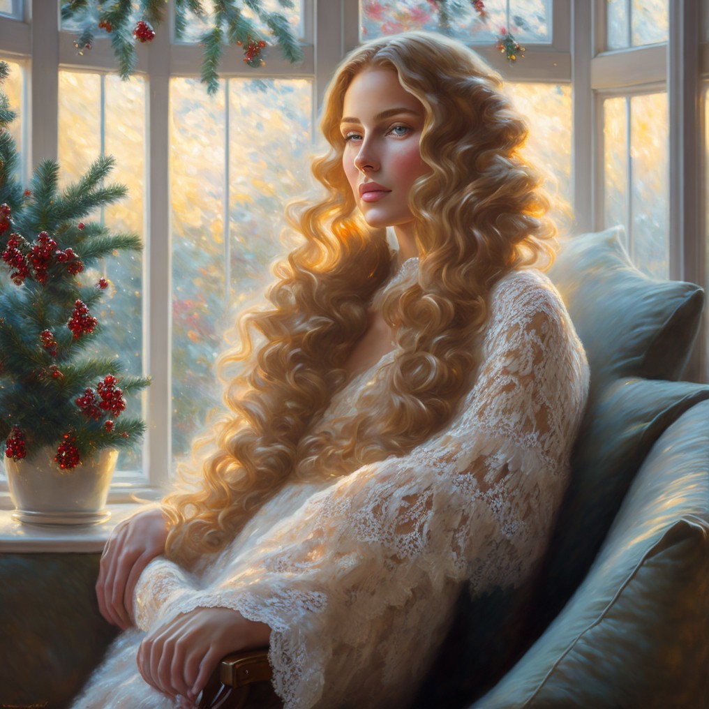 Young Woman in Lace Gown by Festive Window Light