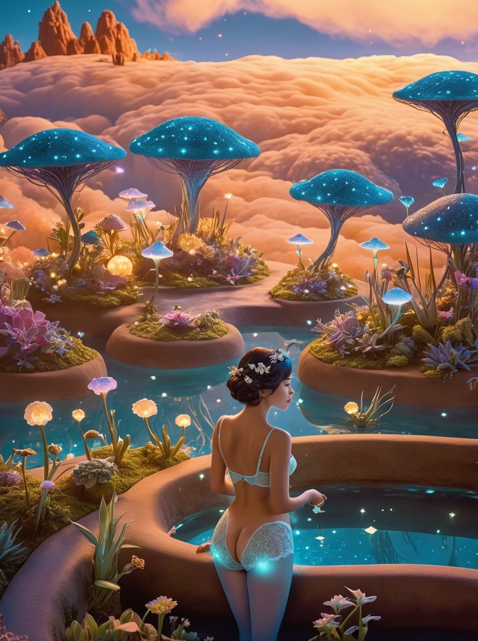 Luminous Hot Tub Scene with Floral Accents and Plants