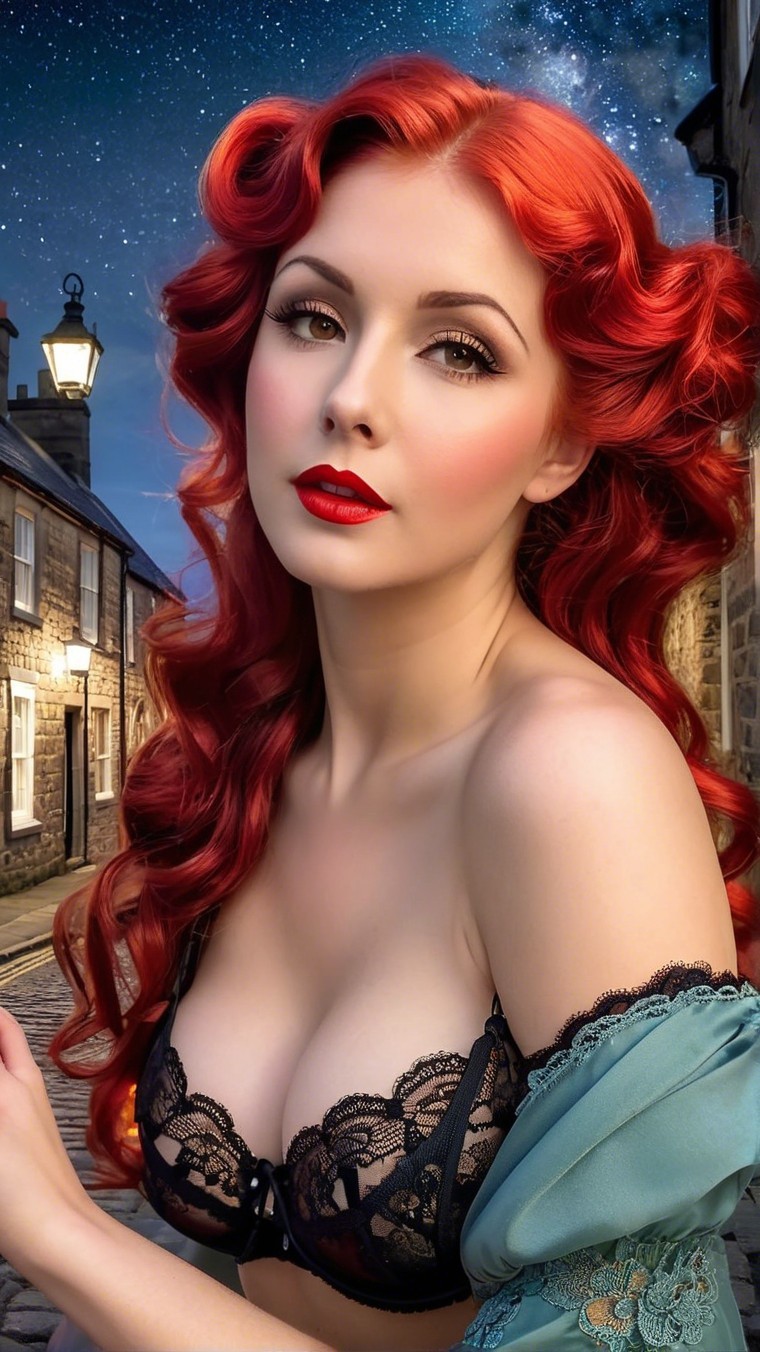Vintage-style woman with red curls in nighttime scene