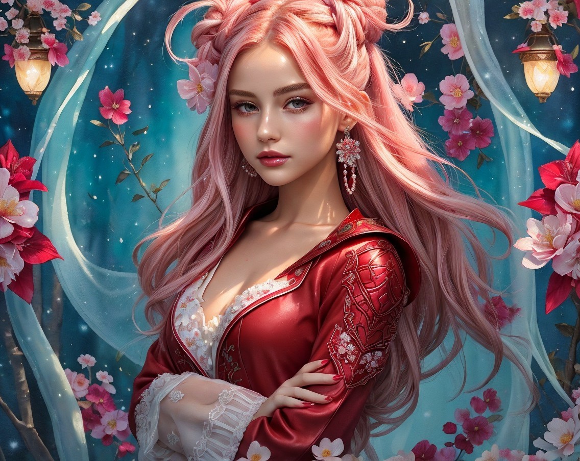 Young woman with pink hair in cherry blossom setting