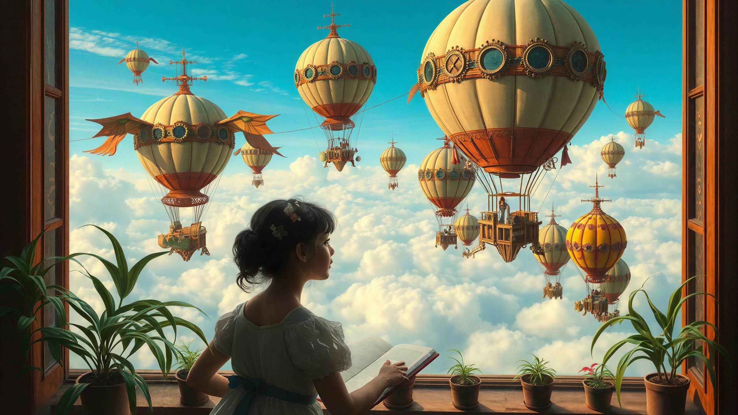 Oil painting of a girl reading by a window with balloons