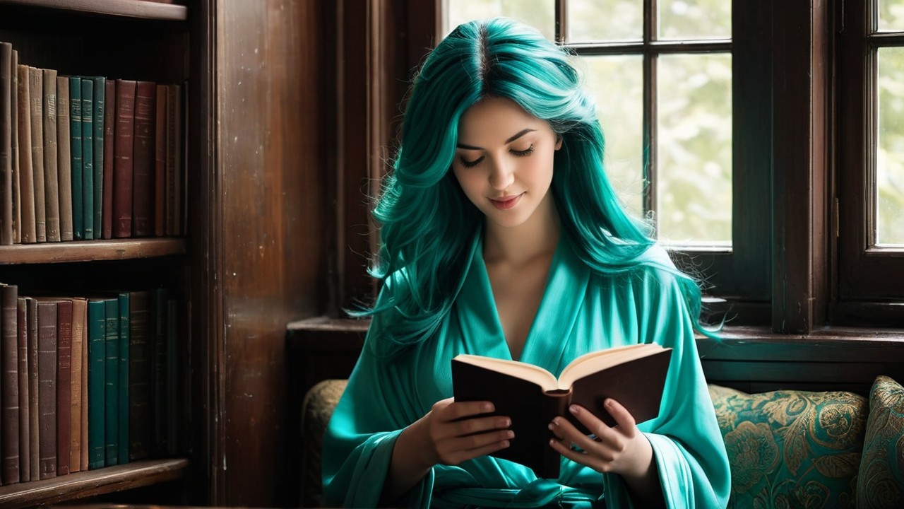 Young woman with teal hair reading by a window
