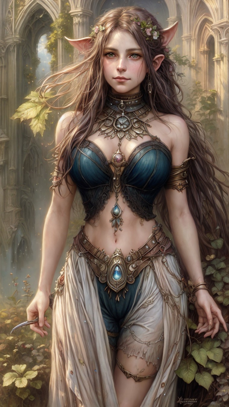 Elven Figure in Ancient Ruins with Ethereal Light