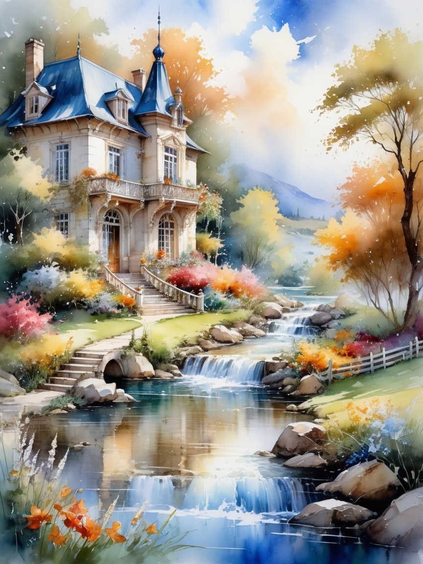 Elegant mansion by serene river with autumn foliage