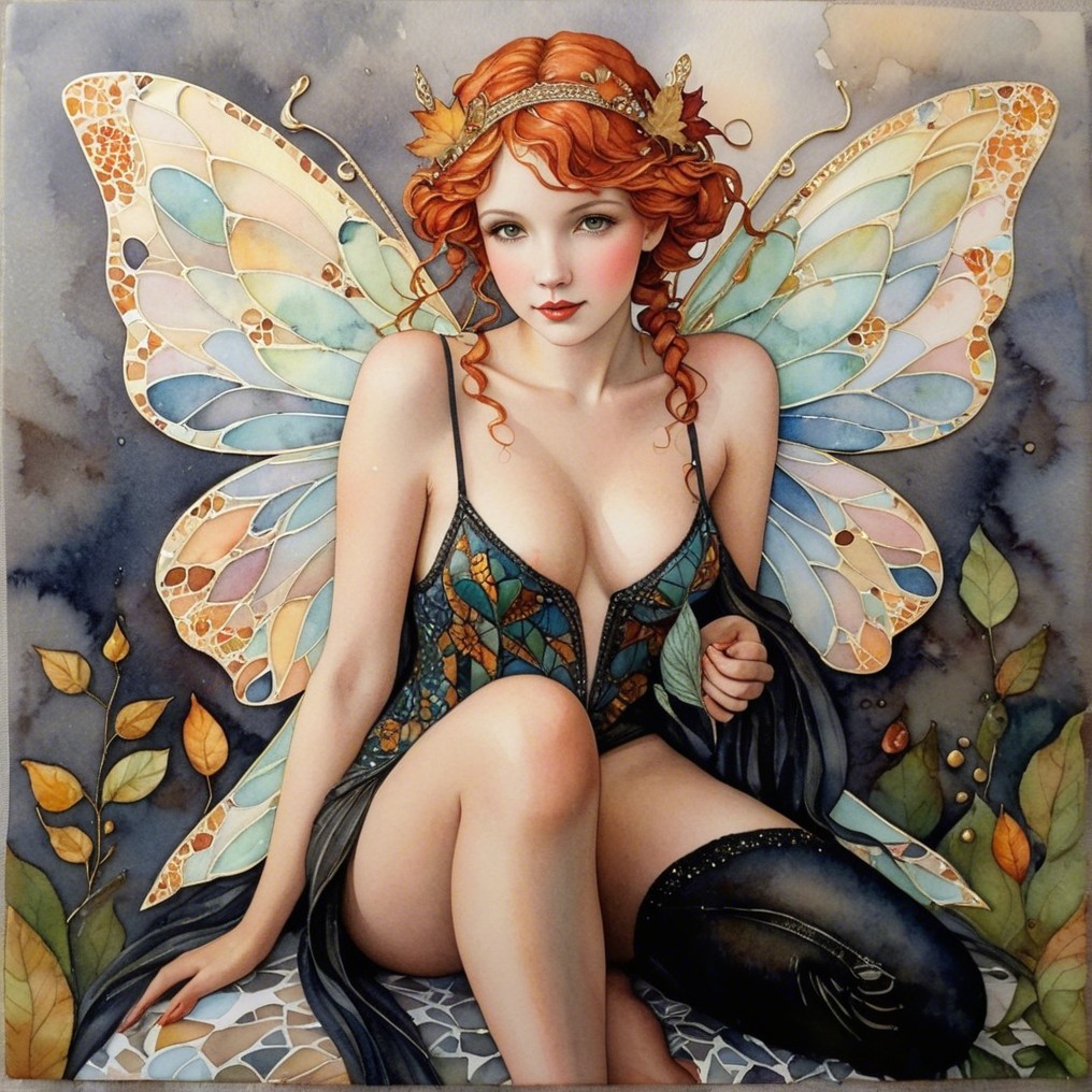 Whimsical Fairy with Orange Hair and Multicolored Wings
