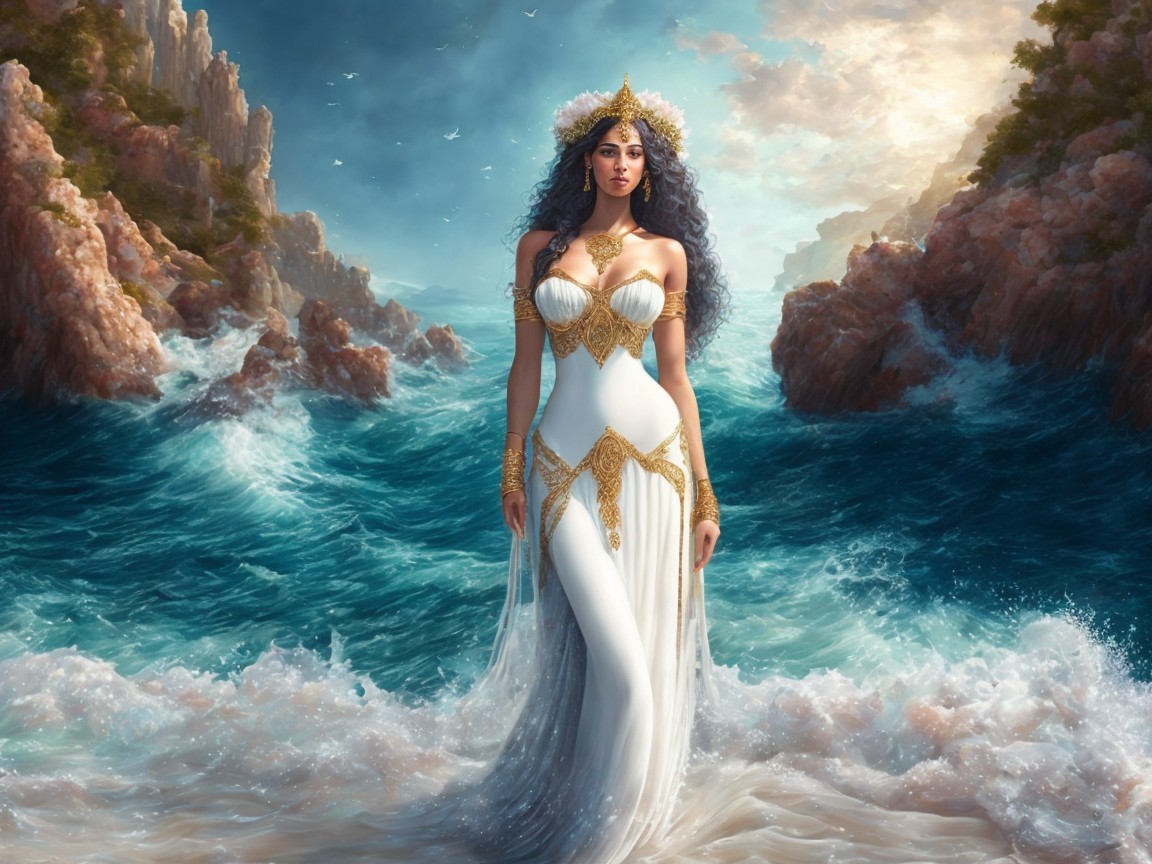 Majestic figure in gown by ocean with cliffs and waves