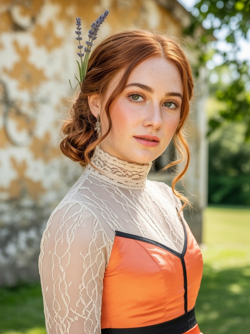 Elegant Portrait of a Woman in Orange Dress with Lavender