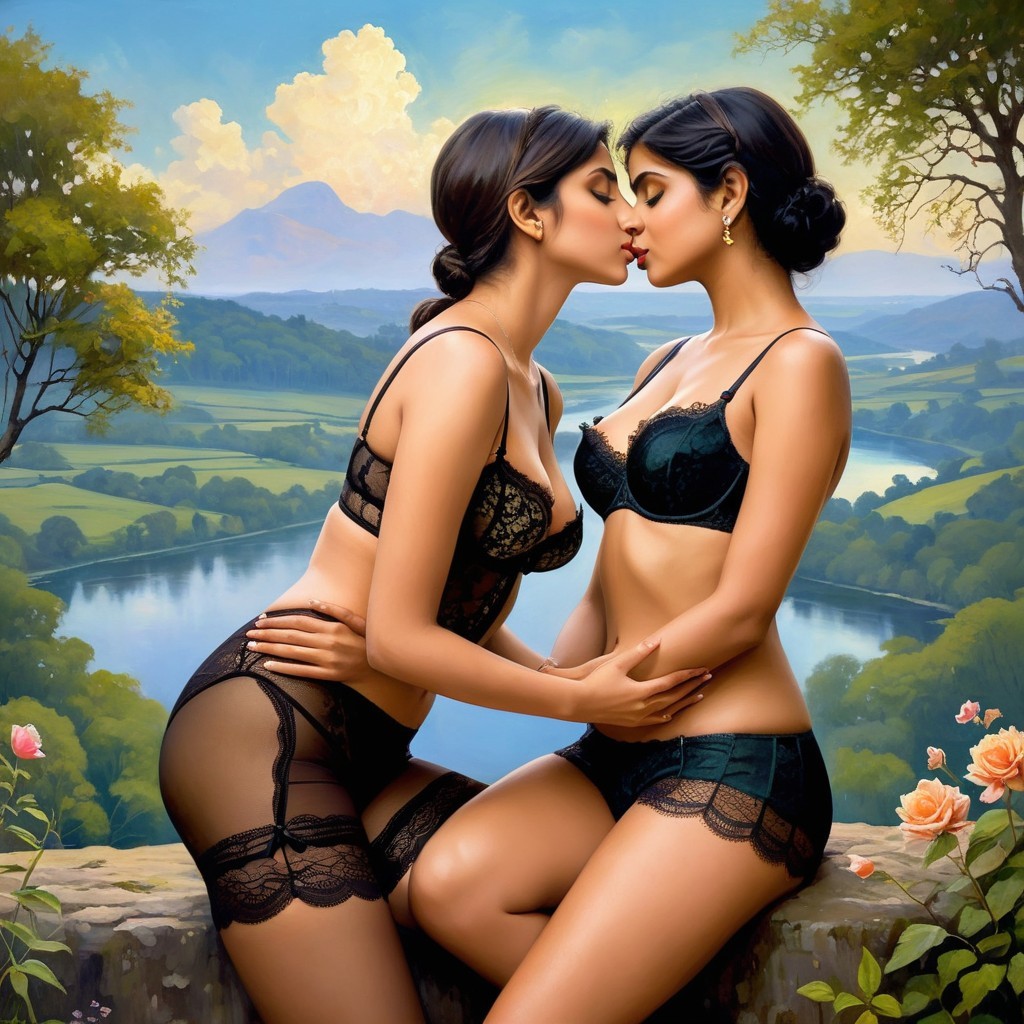 Elegant Women in Lingerie by Serene River Landscape