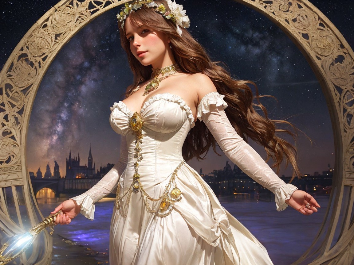 Elegant Woman in White Gown Against Starry Sky