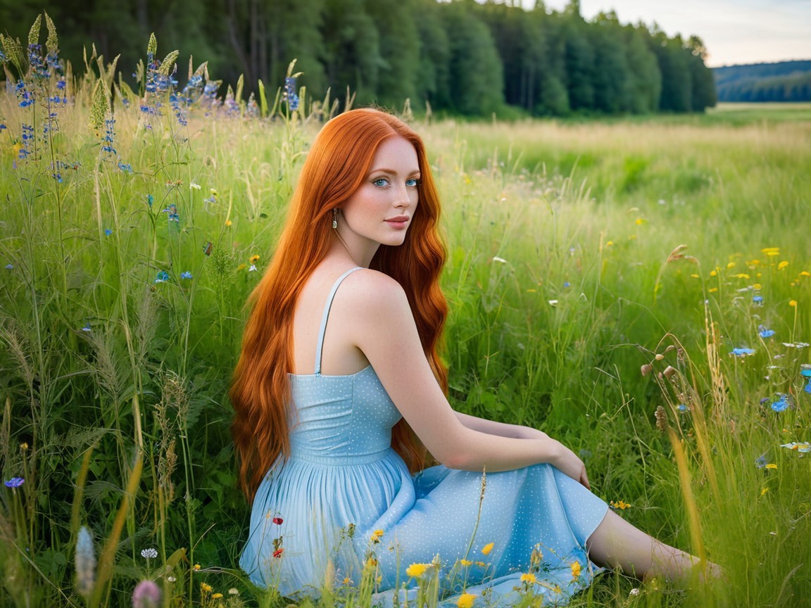 Young woman in meadow with wildflowers and sunlight