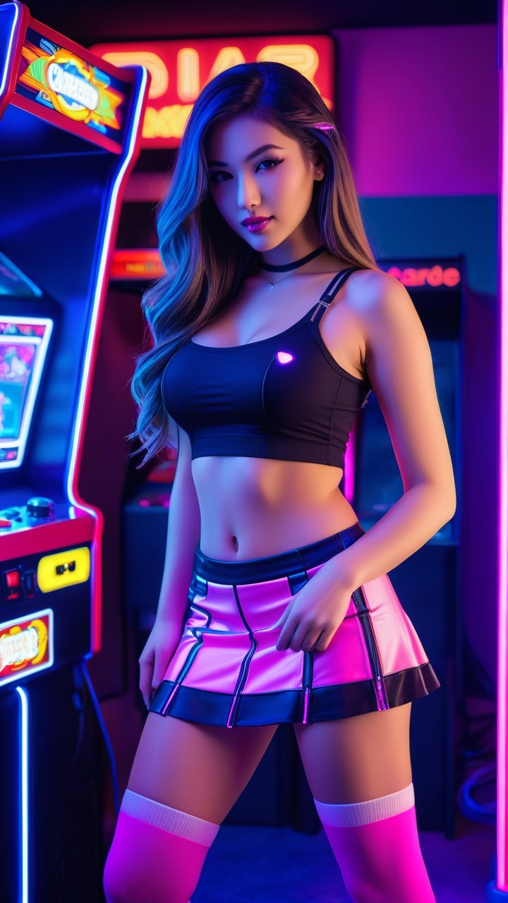 Fashionable Young Woman in Neon Arcade Setting