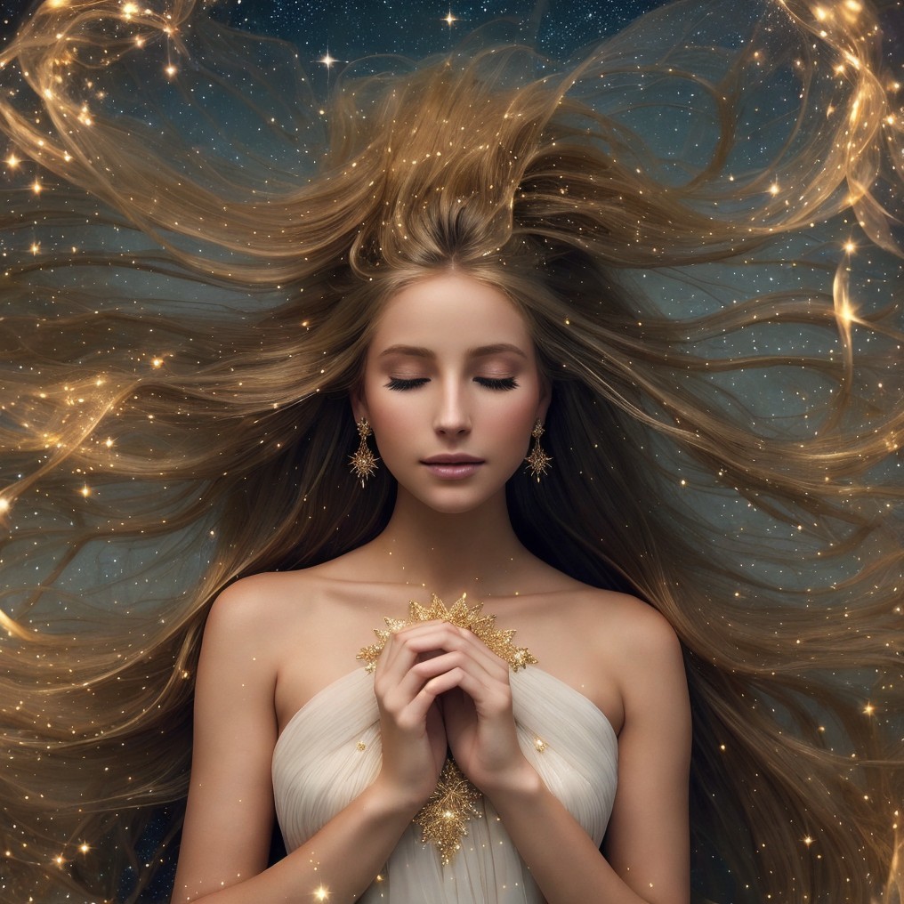 Serene Portrait of Woman with Golden Hair and Stars